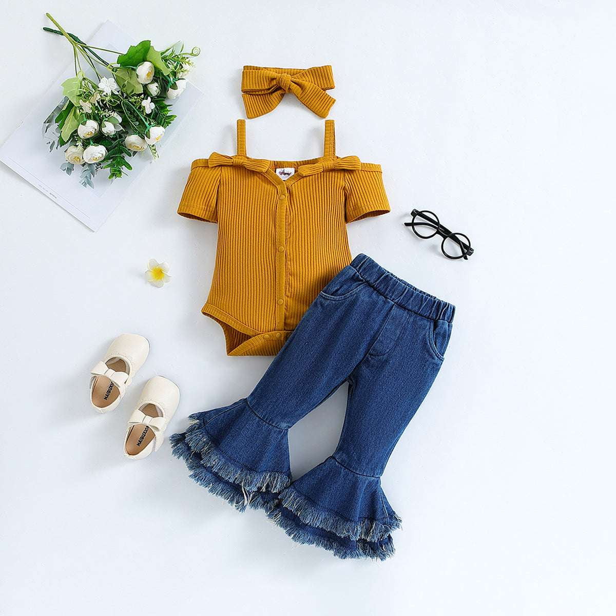 Baby Romper Set, Girls Denim Outfit, Short Sleeve Playsuit - available at Sparq Mart