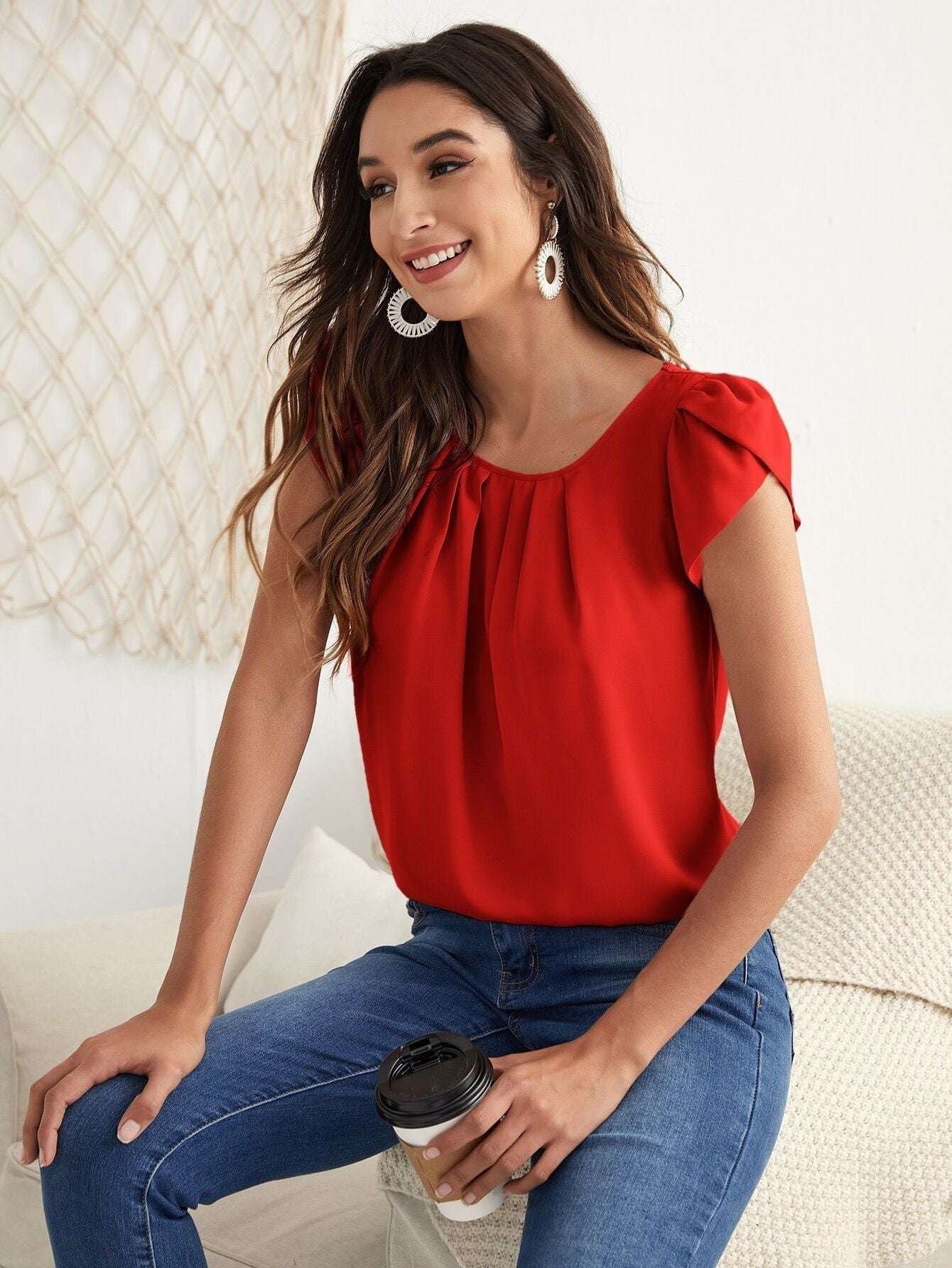 Chiffon casual tops, Short-sleeve round neck shirts, Solid color blouses - available at Sparq Mart