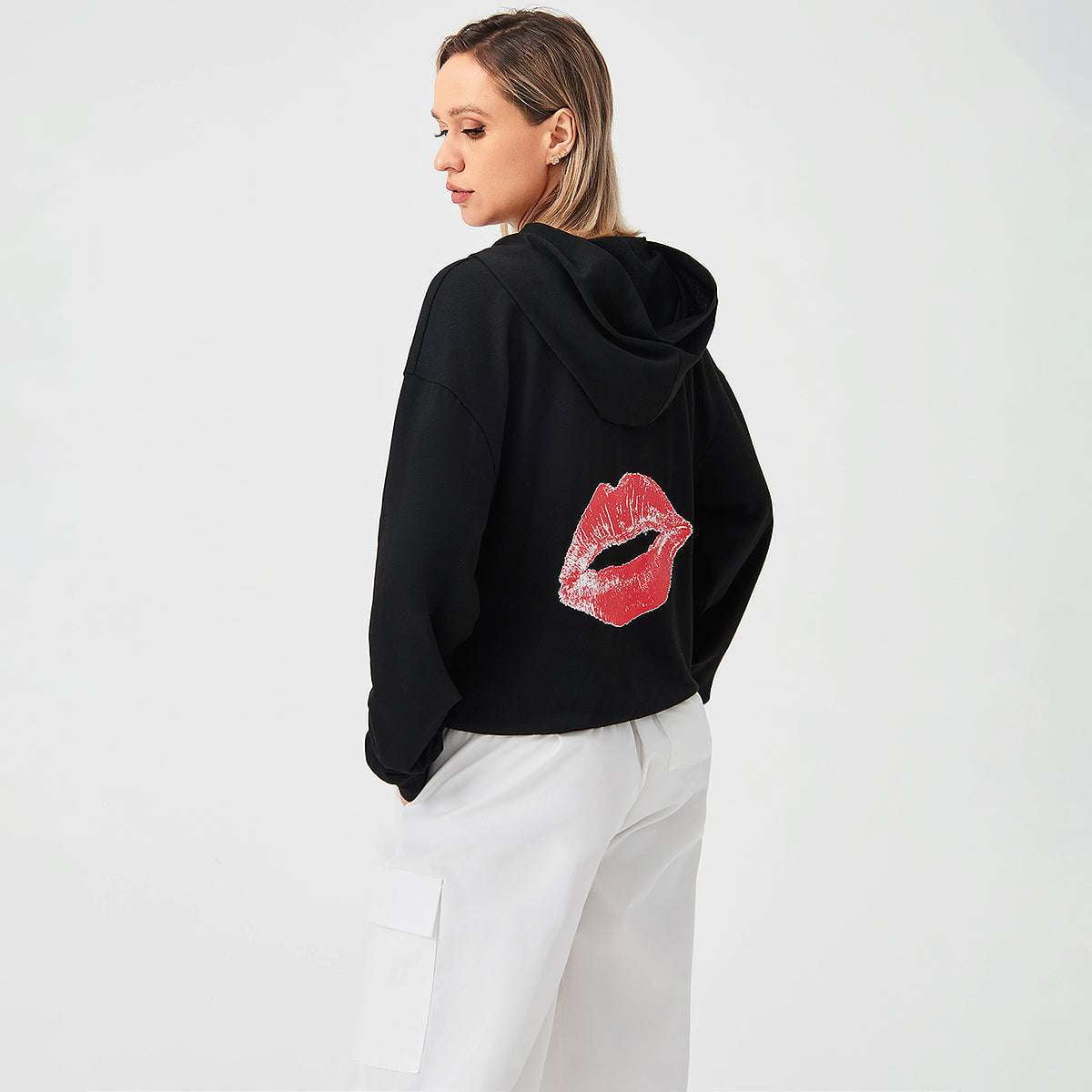 Casual Red Lip Hoodie, Long Sleeve Polyester Hoodie, Stylish Loose Hoodie - available at Sparq Mart