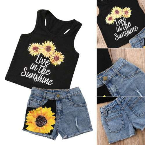 Black Denim Suit, Denim Shorts Suit, Trendy Sunflower Denim - available at Sparq Mart