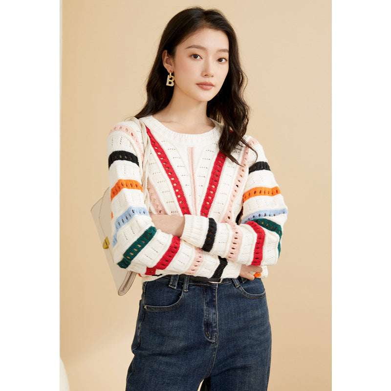 Casual Knit Sweater, Ladies Colorful Top, Women's Striped Pullover - available at Sparq Mart